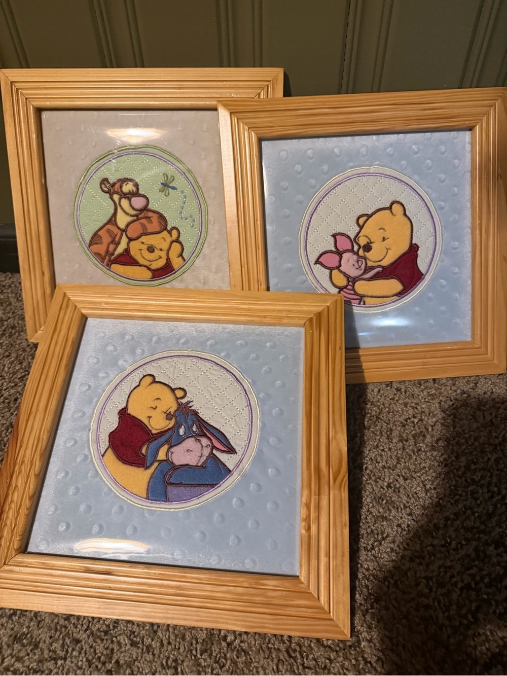 Set of 3 Winnie the Pooh Baby Wall Frames - Light Blue & Natural Wood